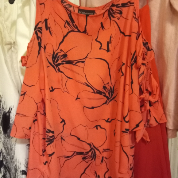 Bold Elements Women's Orange Floral Top Sleeves Have 3 Ties Off Shoulder - Picture 1 of 4